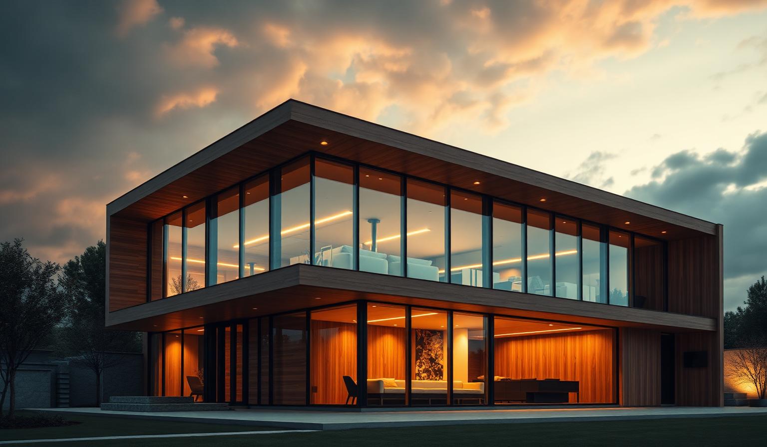 Casa moderna iluminada ao entardecer